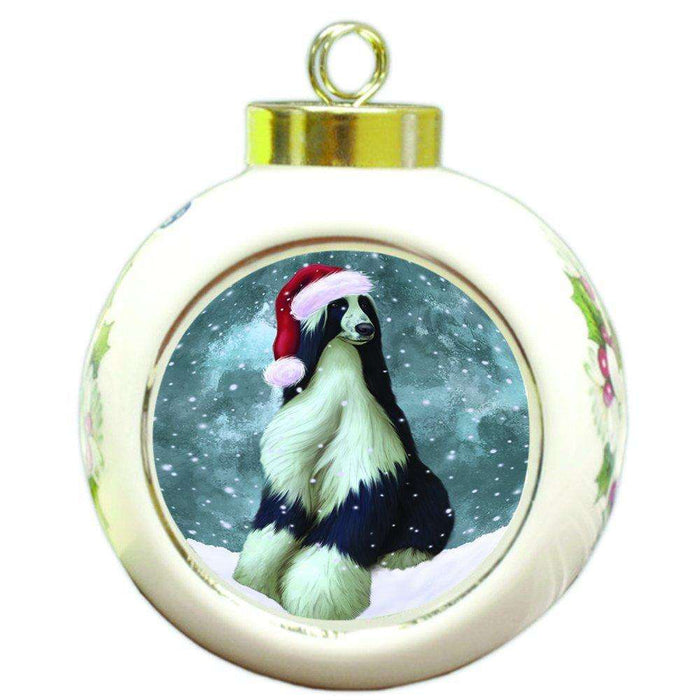 Let it Snow Christmas Holiday Afghan Hound Dog Wearing Santa Hat Round Ball Ornament D299
