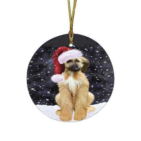 Let it Snow Christmas Holiday Afghan Hound Dog Wearing Santa Hat Round Flat Christmas Ornament RFPOR54256
