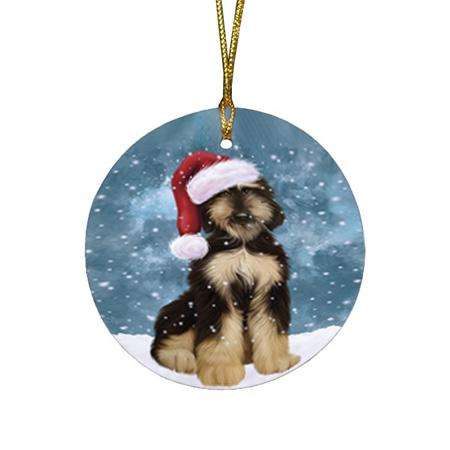 Let it Snow Christmas Holiday Afghan Hound Dog Wearing Santa Hat Round Flat Christmas Ornament RFPOR54258