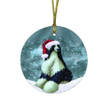 Let it Snow Christmas Holiday Afghan Hound Dog Wearing Santa Hat Round Ornament D299