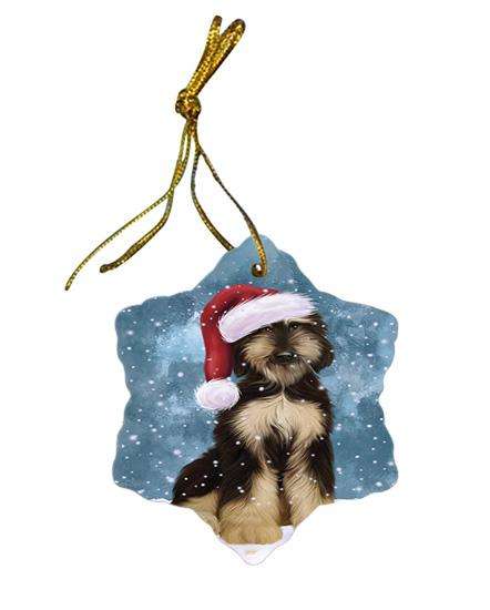 Let it Snow Christmas Holiday Afghan Hound Dog Wearing Santa Hat Star Porcelain Ornament SPOR54258