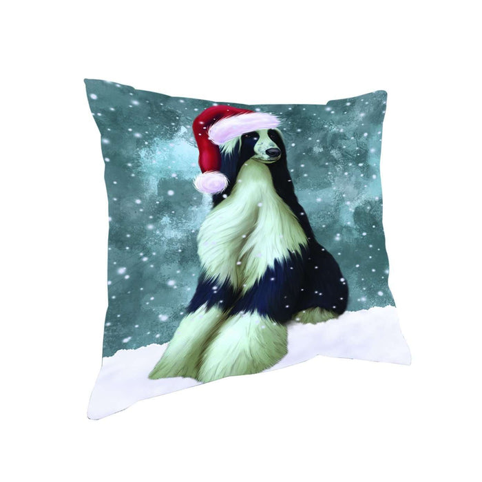 Let it Snow Christmas Holiday Afghan Hound Dog Wearing Santa Hat Throw Pillow