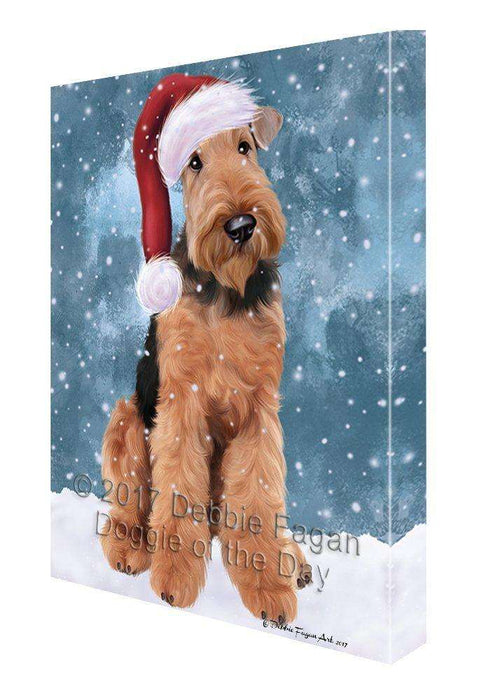 Let it Snow Christmas Holiday Airedale Dog Wearing Santa Hat Canvas Wall Art