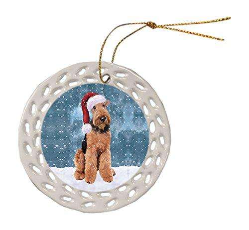 Let it Snow Christmas Holiday Airedale Dog Wearing Santa Hat Ceramic Doily Ornament D048