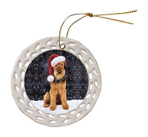 Let it Snow Christmas Holiday Airedale Dog Wearing Santa Hat Ceramic Doily Ornament D049