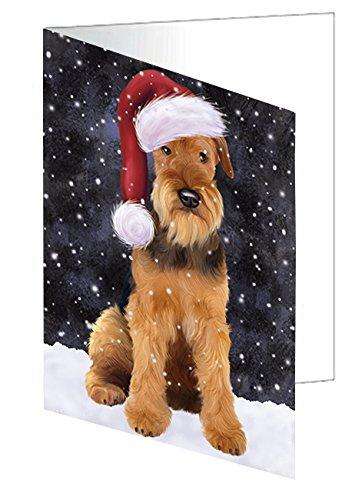 Let it Snow Christmas Holiday Airedale Dog Wearing Santa Hat Handmade Artwork Assorted Pets Greeting Cards and Note Cards with Envelopes for All Occasions and Holiday Seasons D363
