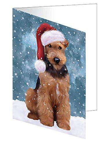 Let it Snow Christmas Holiday Airedale Dog Wearing Santa Hat Handmade Artwork Assorted Pets Greeting Cards and Note Cards with Envelopes for All Occasions and Holiday Seasons D405