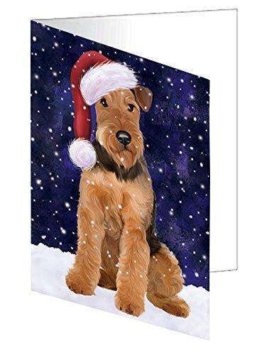 Let it Snow Christmas Holiday Airedale Dog Wearing Santa Hat Handmade Artwork Assorted Pets Greeting Cards and Note Cards with Envelopes for All Occasions and Holiday Seasons D406