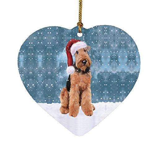 Let it Snow Christmas Holiday Airedale Dog Wearing Santa Hat Heart Ornament D256