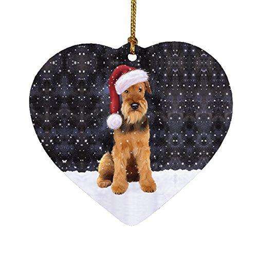 Let it Snow Christmas Holiday Airedale Dog Wearing Santa Hat Heart Ornament D257