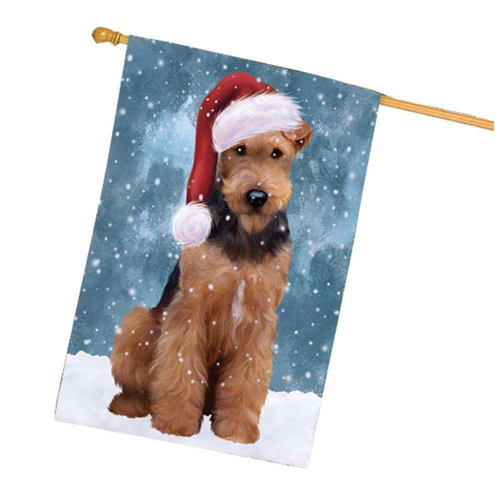 Let it Snow Christmas Holiday Airedale Dog Wearing Santa Hat House Flag HF454