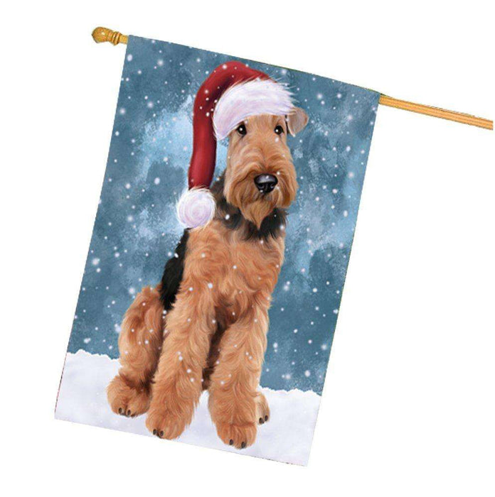 Let it Snow Christmas Holiday Airedale Dog Wearing Santa Hat House Flag