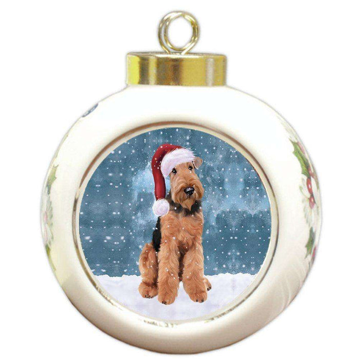 Let it Snow Christmas Holiday Airedale Dog Wearing Santa Hat Round Ball Ornament D256