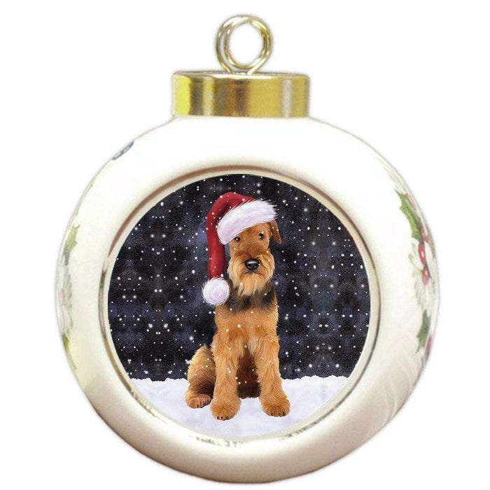 Let it Snow Christmas Holiday Airedale Dog Wearing Santa Hat Round Ball Ornament D257