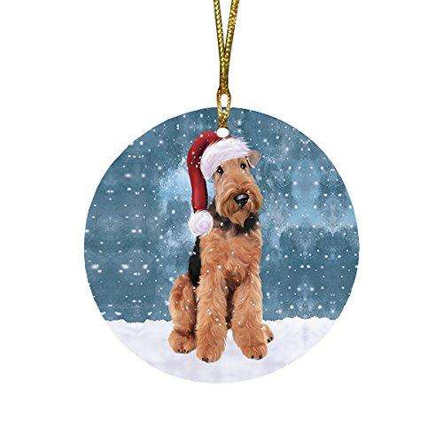Let it Snow Christmas Holiday Airedale Dog Wearing Santa Hat Round Ornament D256