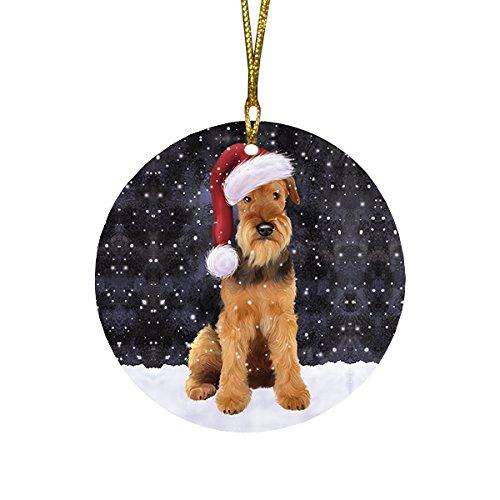 Let it Snow Christmas Holiday Airedale Dog Wearing Santa Hat Round Ornament D257