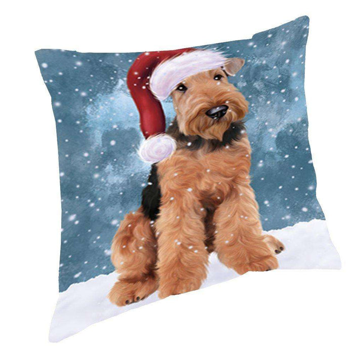 Let it Snow Christmas Holiday Airedale Dog Wearing Santa Hat Throw Pillow D414