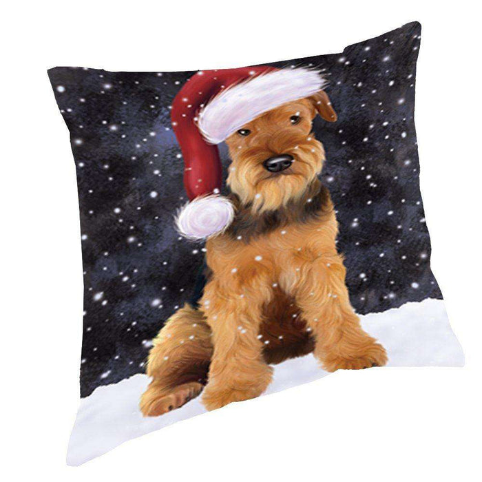 Let it Snow Christmas Holiday Airedale Dog Wearing Santa Hat Throw Pillow D415