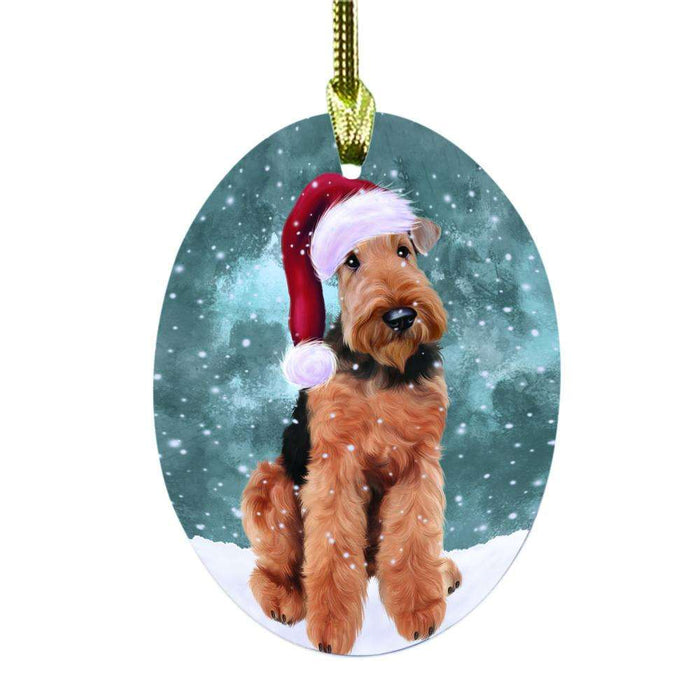 Let it Snow Christmas Holiday Airedale Dog Oval Glass Christmas Ornament OGOR48379