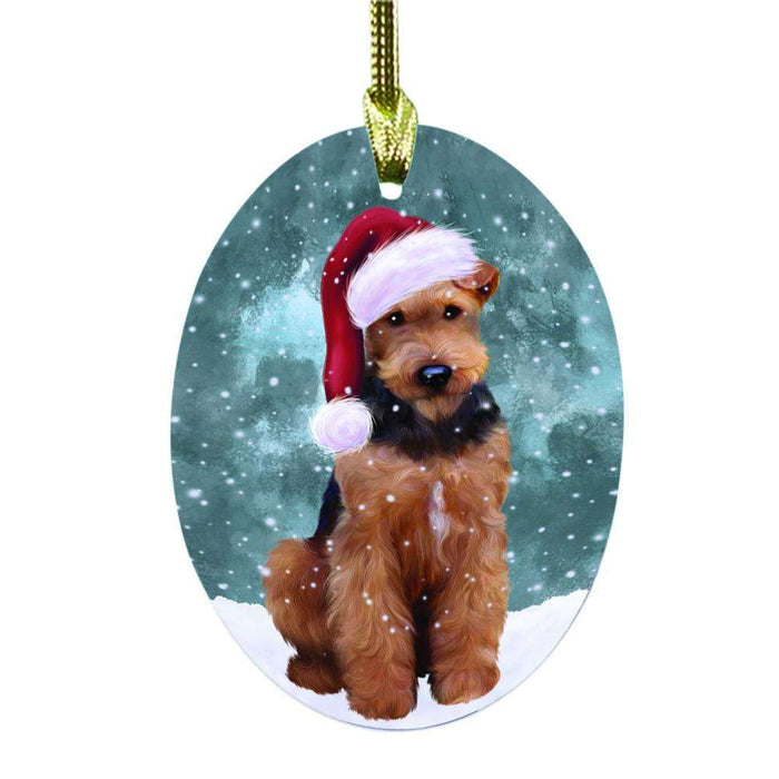 Let it Snow Christmas Holiday Airedale Dog Oval Glass Christmas Ornament OGOR48381