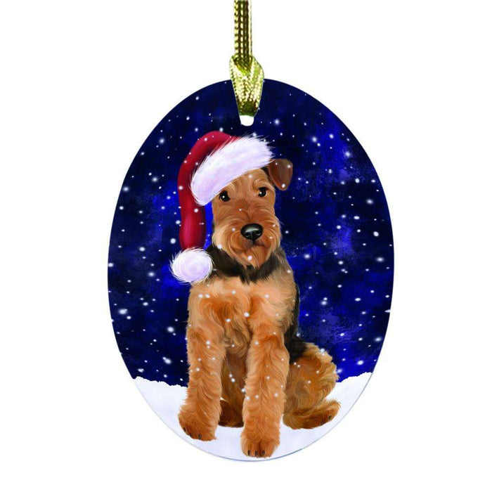 Let it Snow Christmas Holiday Airedale Dog Oval Glass Christmas Ornament OGOR48382