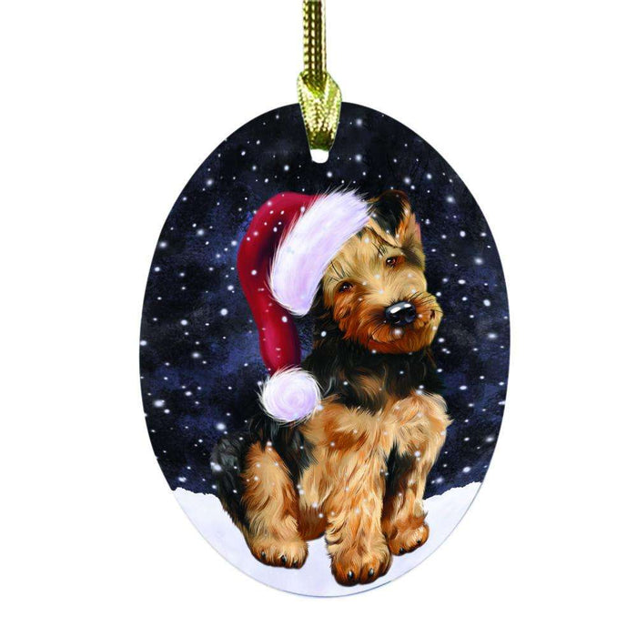 Let it Snow Christmas Holiday Airedale Dog Oval Glass Christmas Ornament OGOR48383
