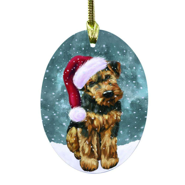 Let it Snow Christmas Holiday Airedale Dog Oval Glass Christmas Ornament OGOR48385