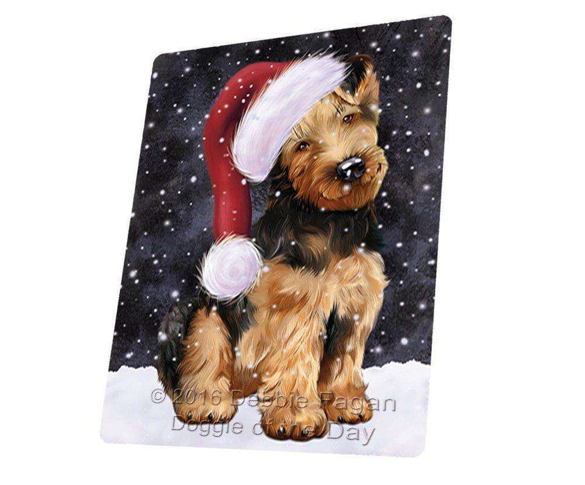 Let it Snow Christmas Holiday Airedale Dog Wearing Santa Hat Art Portrait Print Woven Throw Sherpa Plush Fleece Blanket