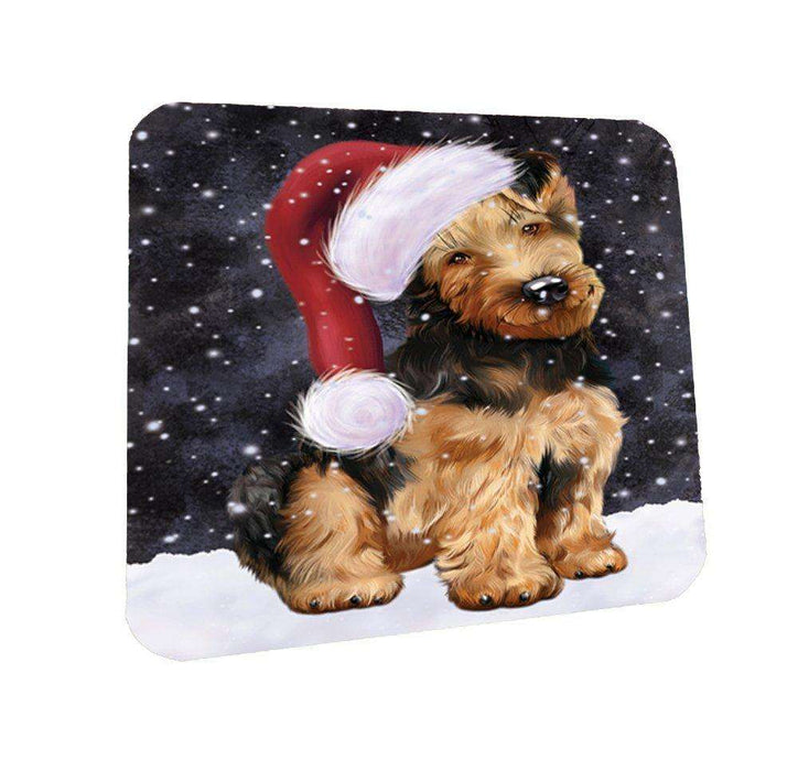 Let it Snow Christmas Holiday Airedale Dog Wearing Santa Hat Coasters Set of 4