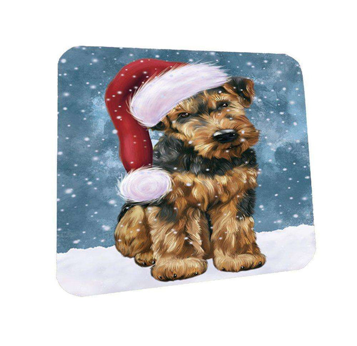 Let it Snow Christmas Holiday Airedale Dog Wearing Santa Hat Coasters Set of 4