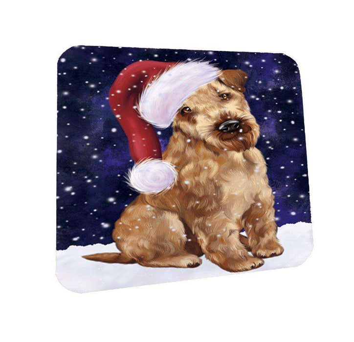 Let it Snow Christmas Holiday Airedale Dog Wearing Santa Hat Coasters Set of 4