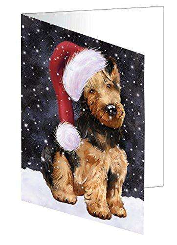 Let it Snow Christmas Holiday Airedale Dog Wearing Santa Hat Handmade Artwork Assorted Pets Greeting Cards and Note Cards with Envelopes for All Occasions and Holiday Seasons