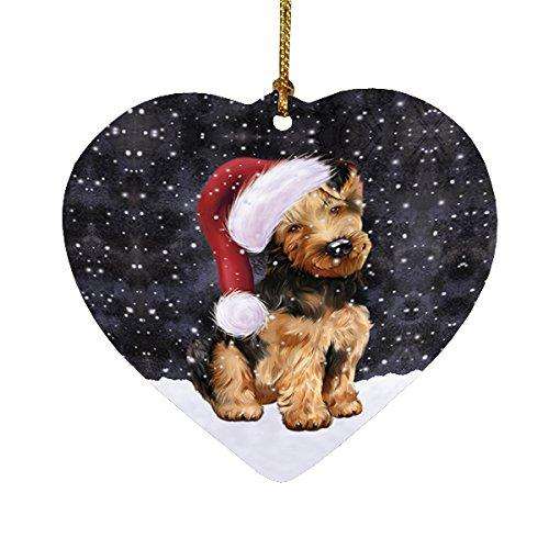 Let it Snow Christmas Holiday Airedale Dog Wearing Santa Hat Heart Ornament