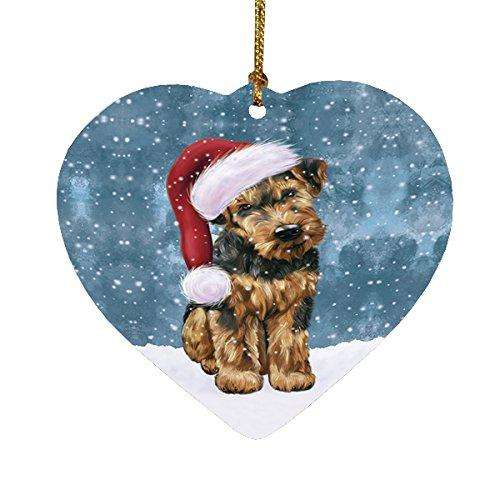 Let it Snow Christmas Holiday Airedale Dog Wearing Santa Hat Heart Ornament