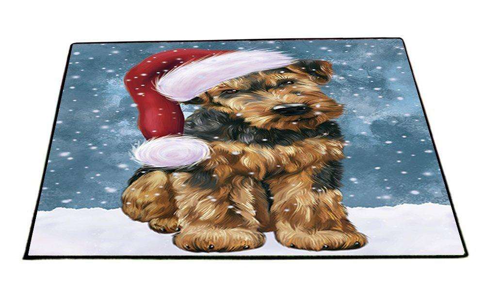 Let it Snow Christmas Holiday Airedale Dog Wearing Santa Hat Indoor/Outdoor Floormat