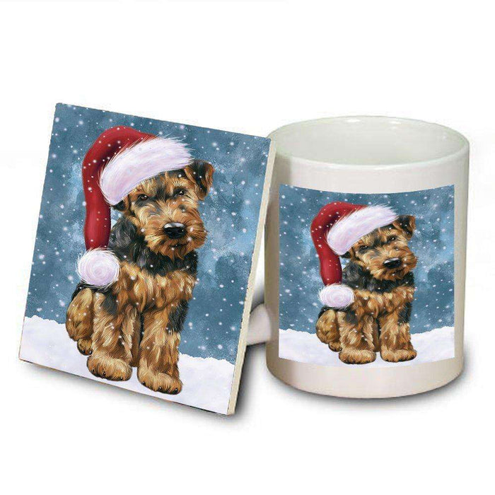Let it Snow Christmas Holiday Airedale Dog Wearing Santa Hat Mug and Coaster Set