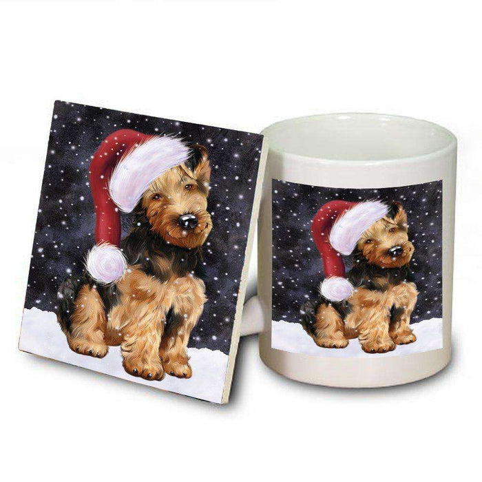 Let it Snow Christmas Holiday Airedale Dog Wearing Santa Hat Mug and Coaster Set