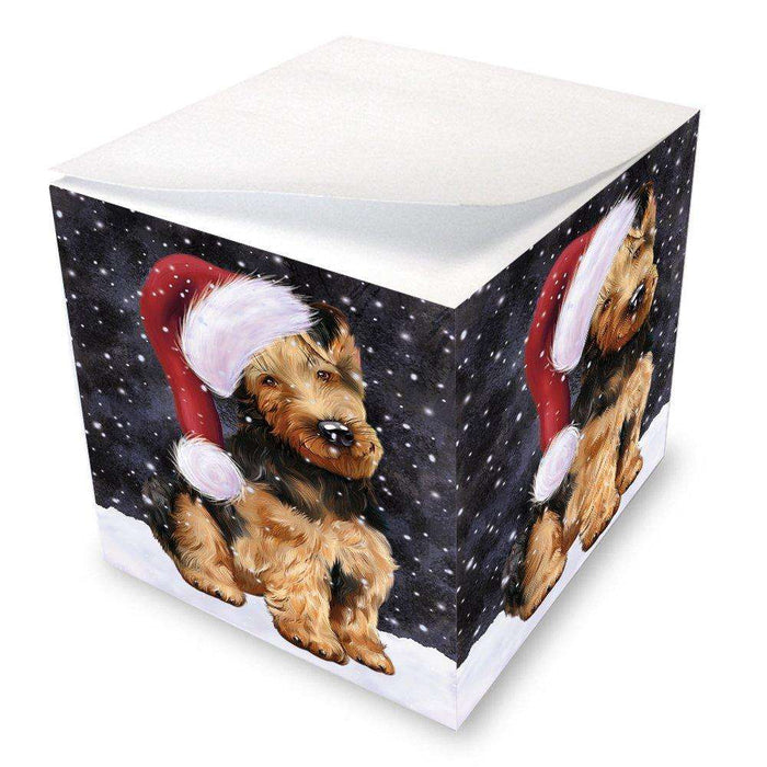 Let it Snow Christmas Holiday Airedale Dog Wearing Santa Hat Note Cube D239