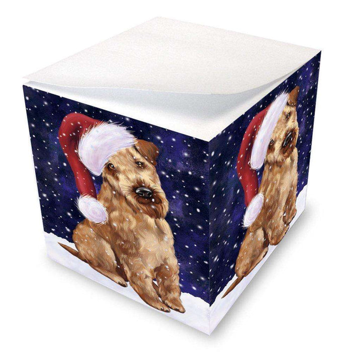 Let it Snow Christmas Holiday Airedale Dog Wearing Santa Hat Note Cube D240