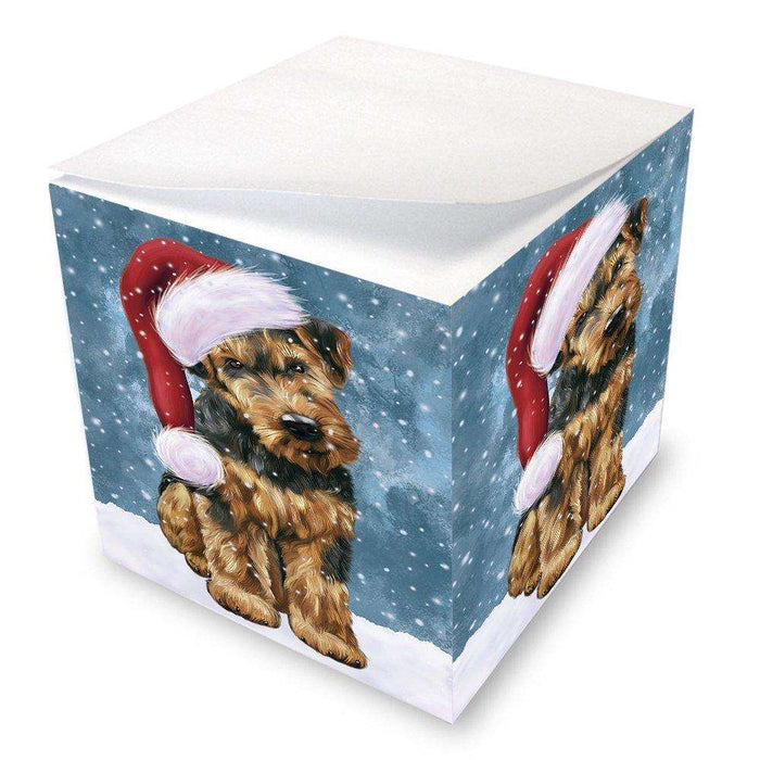 Let it Snow Christmas Holiday Airedale Dog Wearing Santa Hat Note Cube D241
