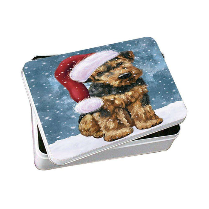 Let it Snow Christmas Holiday Airedale Dog Wearing Santa Hat Photo Storage Tin