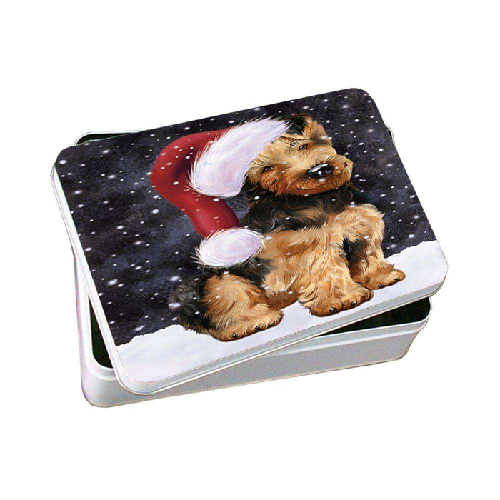 Let it Snow Christmas Holiday Airedale Dog Wearing Santa Hat Photo Storage Tin