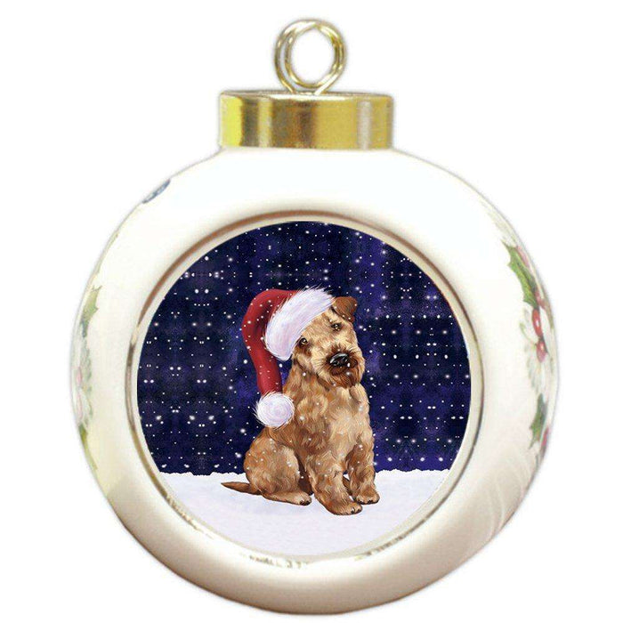 Let it Snow Christmas Holiday Airedale Dog Wearing Santa Hat Round Ball Ornament