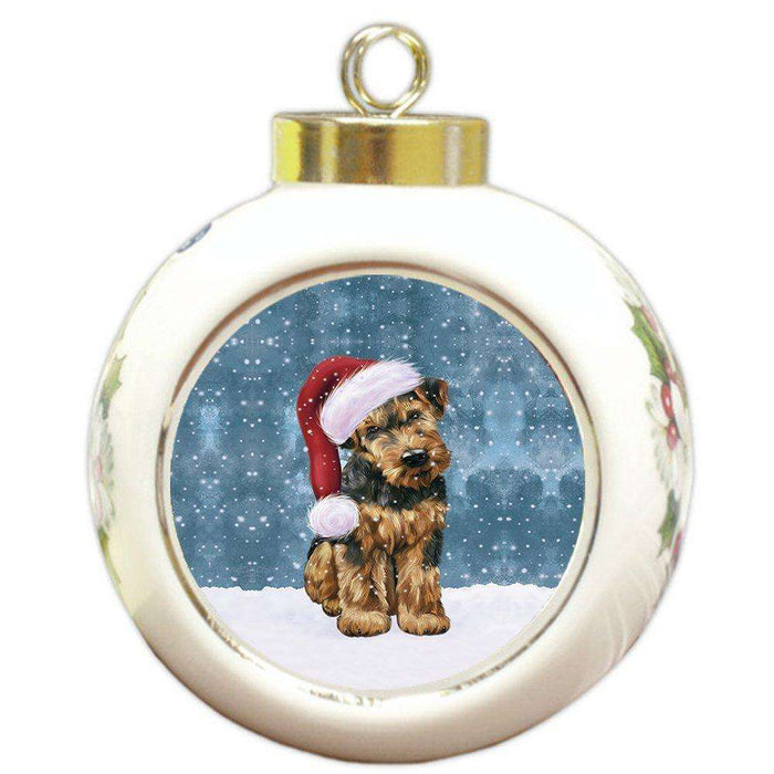 Let it Snow Christmas Holiday Airedale Dog Wearing Santa Hat Round Ball Ornament