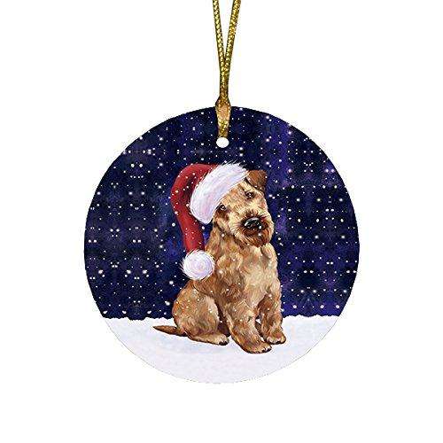 Let it Snow Christmas Holiday Airedale Dog Wearing Santa Hat Round Ornament