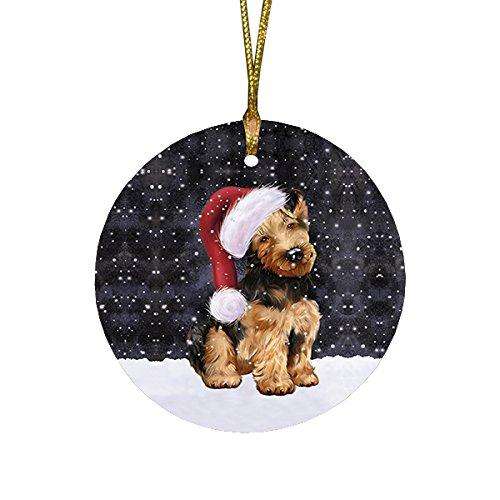 Let it Snow Christmas Holiday Airedale Dog Wearing Santa Hat Round Ornament