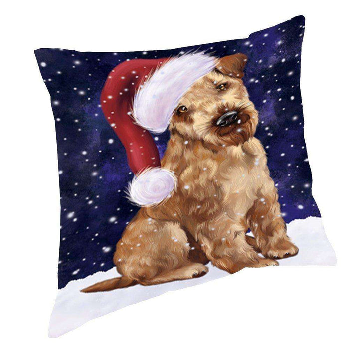 Let it Snow Christmas Holiday Airedale Dog Wearing Santa Hat Throw Pillow