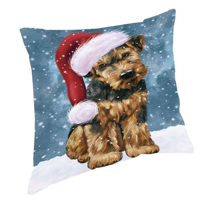 Let it Snow Christmas Holiday Airedale Dog Wearing Santa Hat Throw Pillow