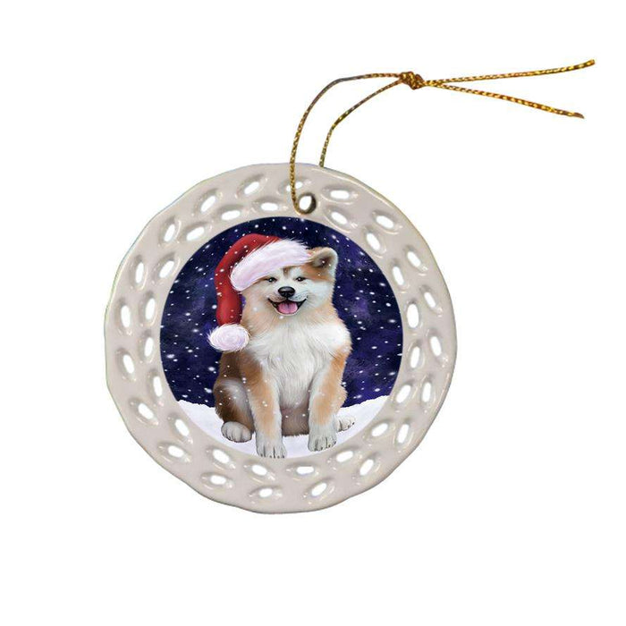Let it Snow Christmas Holiday Akita Dog Wearing Santa Hat Ceramic Doily Ornament DPOR54268