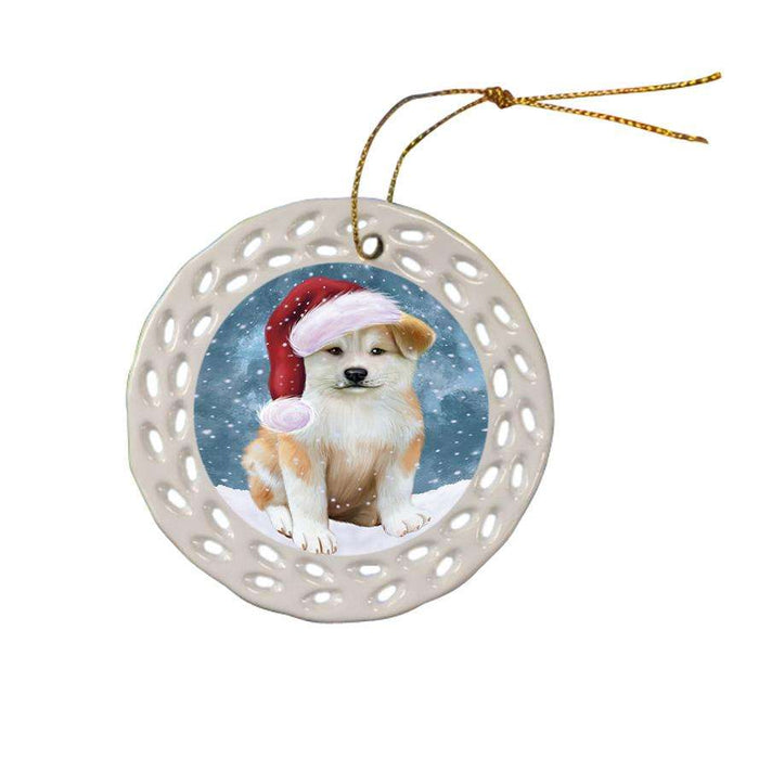 Let it Snow Christmas Holiday Akita Dog Wearing Santa Hat Ceramic Doily Ornament DPOR54269